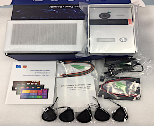 Contenuto Kit Videocitofono 2 FILI completo di Monitor 7" IPS Touch bianco + Unità esterna con 1 tasto con lettore RFID compatibile TUYA