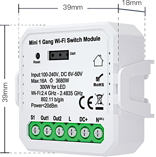 Smart Relè WiFi 1 uscita con contatto Pulito 16A - App TUYA