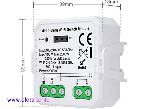 Smart Relè WiFi 1 uscita - Max 2300W/250W led - App TUYA
