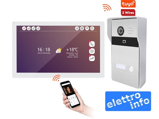 Videocitofono 2 Fili WiFi con Monitor 10 Touch, Telecamera 2MP, Riconoscimento Umano, Base in Metallo e Lettore RFID App Tuya Smart