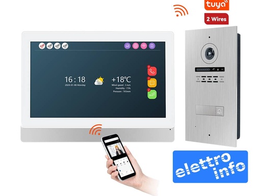 Kit Videocitofono 2 Fili Completo con Monitor 9" Touch e Base ad Incasso