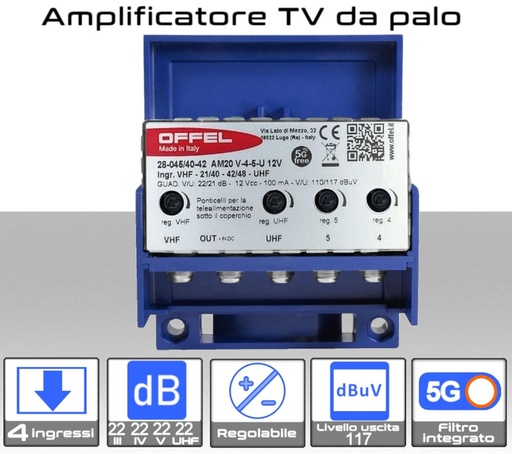 Amplificatore per Antenna TV da Palo a 4 Ingressi (VHF - IV - V - UHF) con Taglio Banda IV/V (Ch. 40/42) e Guadagno 22dB Regolabile
