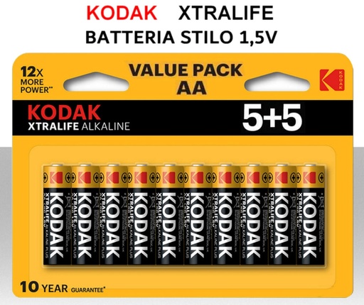 Batterie Stilo Alcaline KODAK XtraLife AA 1.5V Confezione 10 Pezzi