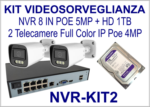 Kit NVR PoE 8 Ingressi con 2 Telecamere Bullet 4MP Full Color e Hard Disk 1TB