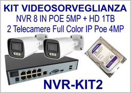 Kit NVR PoE 8 Ingressi con 2 Telecamere Bullet 4MP Full Color e Hard Disk 1TB