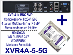 Videoregistratore Ibrido 5MP H.265+ 4 Canali BNC con Hard Disk 500GB Western Digital 24/7 (Supporto IP) - Compatibile HIKVISOIN