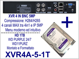 Videoregistratore Ibrido 5MP H.265+ 4 Canali BNC con Hard Disk Western Digital 1TB (Supporto IP) - Compatibile HIKVISOIN