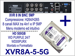 Videoregistratore Digitale H.265 Ibrido 8 Ingressi BNC 5MP con Hard Disk Western Digital Purple 500GB (Compatibile Hikvision)