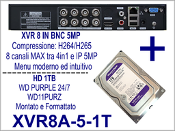 Videoregistratore Digitale H.265 Ibrido 8 Ingressi BNC 5MP con Hard Disk Western Digital Purple 1TB (Compatibile Hikvision)
